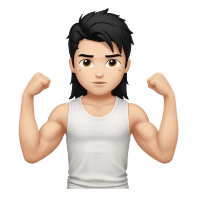 generate a pretty bratz boy with messy long mullet hair, sleeveless white tshirt, big biceps. Black hair sticker