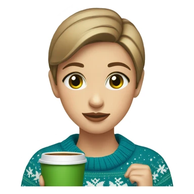 Light brown short haired girl with green eyes drinking coffee wearing blue Christmas sweater sticker