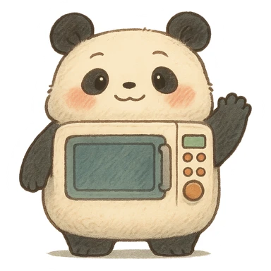 chibi-style microwave oven as a fluffy panda, rosy cheeks, big wave, pastel tones, full-body sticker