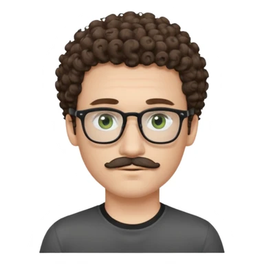 Light brunette curly haired young man with pale skin and glasses. Eyes are greenish grey and he has a moustache. Black t-shirt. sticker