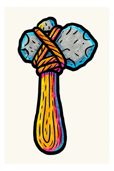 conpep-style cartoon illustration of a Stone Age hand axe, centered on a clean white background. The axe has a sturdy wooden handle with visible texture, tightly wrapped with thick rope binding a roughly shaped gray stone blade securely at the top. The stone is gray with natural irregularities, and the wood is light brown with grain details. Soft shadows and glossy highlights create a polished, three-dimensional emoji-like appearance. The overall style is clean, primitive, and sturdy. sticker