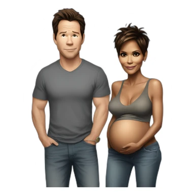 Halle berry standing next to mark Wahlberg both are pregnant even mark who is pregnant as well sticker