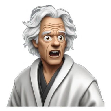 Doc brown from back to the future looking shocked and his mouth wide open. No eye-ware. Wearing a silver bathrobe with black trim. sticker