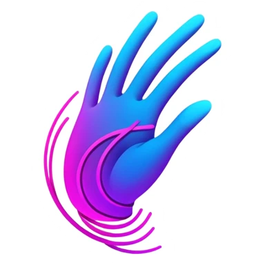 A futuristic abstract logo with curved dynamic lines resembling a subtle hand motion, glowing neon gradients, minimal and modern sticker
