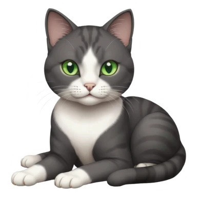 beautiful female solid dark grey cat with green eyes, white toes/paws and white patch on her chest rolling over sticker