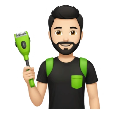 handsome young man, fair complexion, messy black hair and beard, smiling, black t-shirt, holding a palm-sized lime green trimmer in one hand sticker