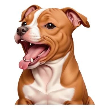 Cinematic Cute Yawning Red/Fawn Staffordshire Bull Terrier Portrait Emoji, Head tilted slightly with a dramatic, wide-open yawn, showcasing a smooth red/fawn Fur with crisp white accents, floppy ears slightly drooping, round dark eyes barely open in drowsy contentment, Simplified yet irresistibly adorable features, highly detailed, glowing with a soft, cozy glow, high shine, relaxed yet expressive, stylized with a touch of whimsy, bright and endearing, soft glowing outline, capturing the essence of a sleepy yet affectionate guardian, so drowsy it feels like it could stretch right out of the screen and curl up for a nap! sticker