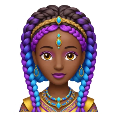 Create me an emoji of a beautiful Ethiopian Queen of Sheba with amazing braids wearing a neon purple and blue gradient African patterns. sticker