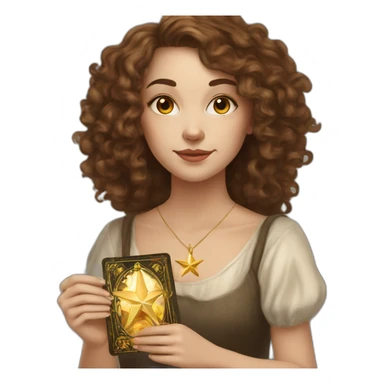 white young woman with long brown curls and a tarot card that has a golden star sticker