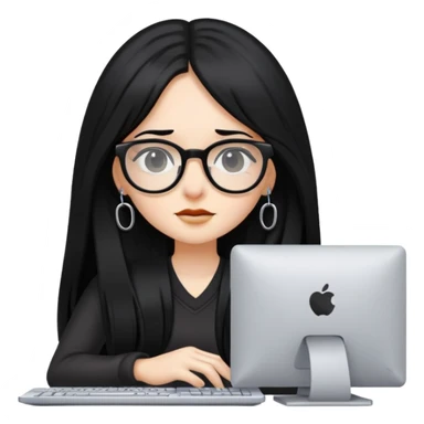 Girl with long black hair, glasses, nostril piercing, and a computer sticker