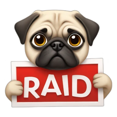 pug holding a sign that reads the word "raid" in red font sticker