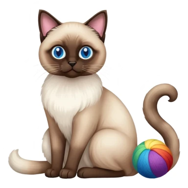 Siamese cat full body sitting with rainbow eyes and a wool ball sticker