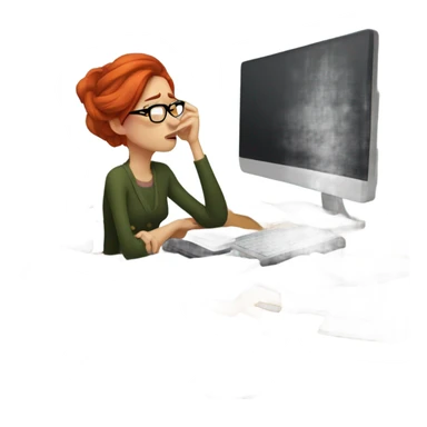 red hair woman wearing glasses sleeping frustrated desk monitor stack paper sticker