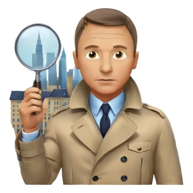 Icon for Detective Movies: A colorful collage featuring Daniel Craig as an inspector, with a magnifying glass and a mysterious city backdrop. Include a board with photos of suspects, fingerprints, and a crime scene. Retro movie poster style. Transparent background. sticker