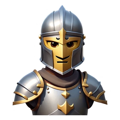 clash-of-clans-aesthetic_-cinematic-fearsome-and-majestic-knight-bust-portrait-emoji, rendered in a flat, vector-style with minimal shading and bold, simplified shapes, depicting a battle-ready medieval knight with steely eyes and intricate armor, mounted on a warhorse reflecting sunlight over a misty battlefield. sticker