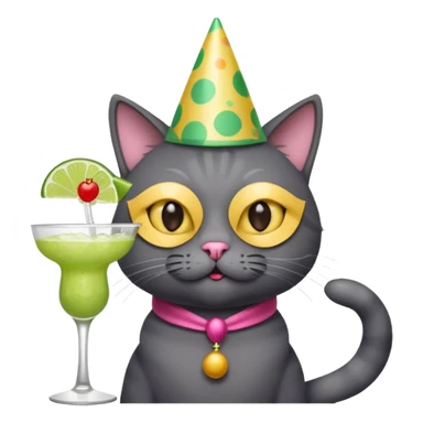 An old, dark grey cat is wearing a party hat, and drinking a margarita. sticker