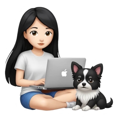 Blue back ground, Asian girl with long black hair , wearing a white t-shirt, working on an Apple laptop, next to her is a small black and white dog sticker