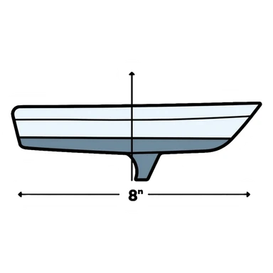 technical diagram of 8 meter boat hull with measurement marked sticker