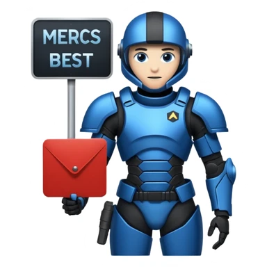 a futeristic scifi soldier in blue and black holding a sign saying Mercs, under this futeristic scifi in blue and black holding a sign is the text we are the best. in gif sticker