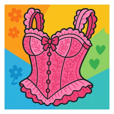 a pink lacey coquette corset, elegant and romantic, with frills and floral lace, vibrant toon style sticker