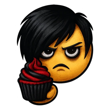 emo emoji, black and red cupcake, edgy and expressive, no background sticker