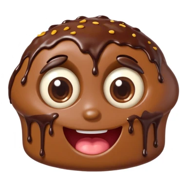 Funny cartoon chocolate mini pastry, crazy wide eyes, messy chocolate dripping, smiling distorted face, chibi style, Twitch emoji style, transparent background, colorful sticker