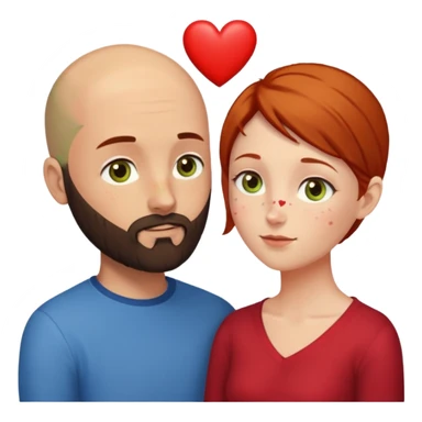 Couple. Bald man with dark brown-black beard. Woman with many small, faded, round freckles, white skin and she has auburn-yellow-brown dark hair. She has light yellow-brown-green eyes. He have hazel-blue eyes. They look at each other. Many small red hearts around them. sticker