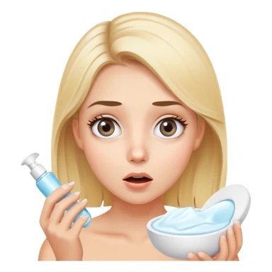 blonde girl with grey eyes doing skincare with surprised face sticker