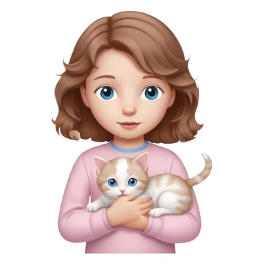 A little girl with wavy light brown hair and blue eyes and pale pink clothes holds a white kitten sticker