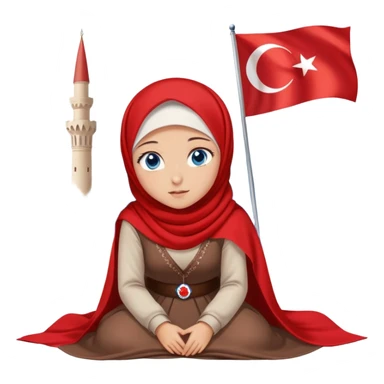 Turkish beautiful finish Konya girl blue eyes with red white hijab dress with turkish flag and watching the sky on the ground  sticker