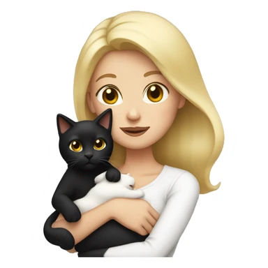Blonde mom holding black cat with white chest sticker