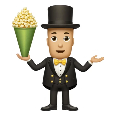 Popcorn cone traffic dancing 3 legs 2 on the floor his 3rd arm is holding his 3rd leg and 1 pickle dipped in ranch on his black top hat sticker