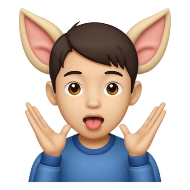 a boy with asian eyes holding his ears and with his tongue out sticker