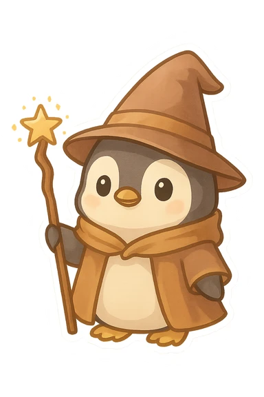 cute penguin wizard, magical, holding a staff, wearing a pointed hat, fantasy style sticker