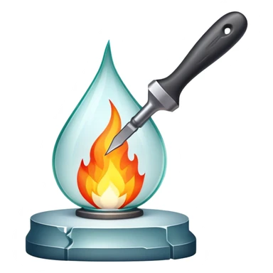 Glassworking icon, piece of glass being shaped with tools, glass cutter, flame for glassblowing, smooth edges, sparkling texture, minimalistic style, clean lines, transparent background. sticker