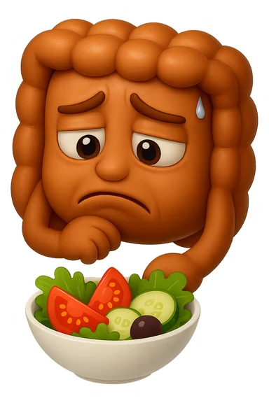 EMOJI STILE IPHONE DI UN INTESTINO UMANO ANATOMICO CHE GUARDA UN INSALATA CON ESPRESSIONE TRISTE E RASSEGNATA IN VOLTO: SOFFRE LA FAME PERCHé è A DIETA, FAGLI ANCHE LA PARTE BIANCA DEGLI OCCHI, NON SOLO LE PUPILLE, IPERREALISTICO 4K sticker