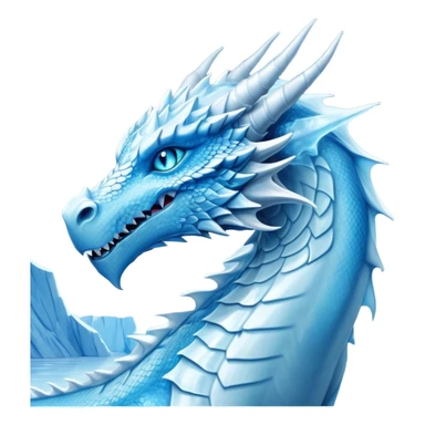 Cinematic Noble wise elegant Ice Dragon Portrait Emoji, Poised and imposing, distinct long elegant snout, with a slender, scaled body shimmering in glacial hues of icy blue, frostbitten silver, and crystalline white, breathing out frost, with piercing, glowing ice blue white eyes that radiate the chilling depths of an arctic storm; rendered in detail. excuding wisdom sticker