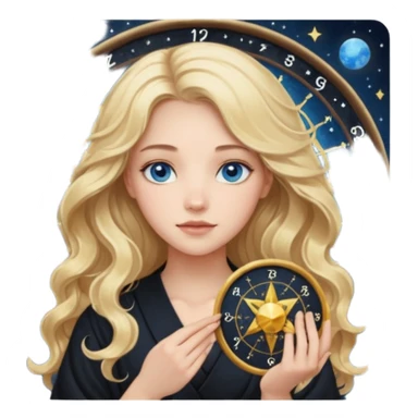 A long wavy haired blonde girl with blue eyes, wearing black, holding astrology natal chart. sticker