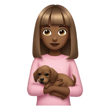 girl with straight light brown hair with a bang a little above her eyebrows holding a black chiguagua puppy, pink aesthetic sticker