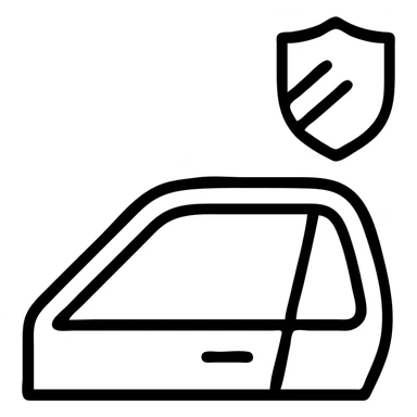 outlined icon of luxury car side window, clean lines, dark to gray gradient suggested with lines, small shield or blocked sunbeam, subtle shading, modern and simple sticker