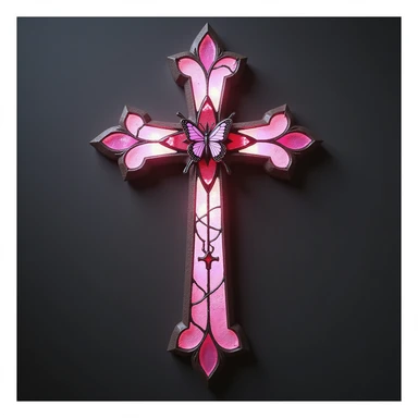 realistic gothic cross, pink with stained glass and butterfly accents, photorealistic style, no background sticker