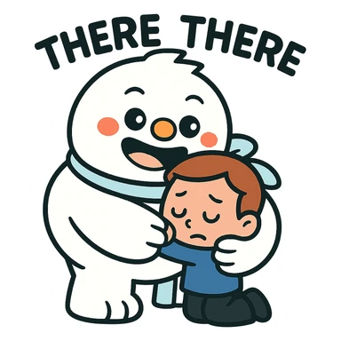 Add the words 'there there' going through the head of the Abominable Snowman as he hugs the much smaller kid, keep the background transparent. The style should resemble the original image's look and feel. sticker