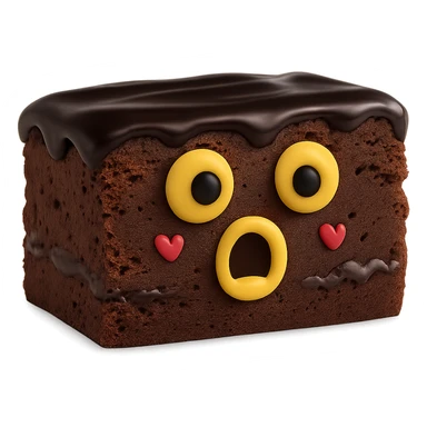 Make the chocolate brownie shorter and more rectangular, with darker chocolate sauce on top. Change the face to a shocked expression with both eyes black instead of smiling. Keep the background transparent. The original style is 3D emoji style, please maintain the 3D emoji look in the edit. sticker