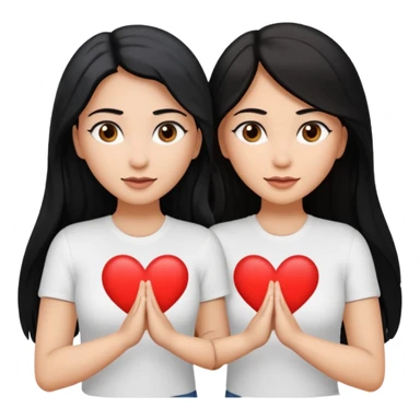 Dos mujeres juntas que una sea de color trigueña y de color blanca, cabello largo negro sea la de piel blanca y la de piel trigueña cabello castaño raya en medio, tengan polo blanco, que hagan  con su mano formando un corazon sticker