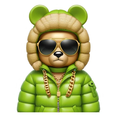 classic bearbrick wearing lime green mask with logo tags, oversized puffy down jacket with lavish fur hood, single-lens visor sunglasses, stacked gold chains, streetwear fashion icon sticker