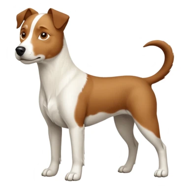a full body large white parson russell looking dog the size of a kelpie with light brown flopped down ears and a light brown patch on one eye and a large snout sticker