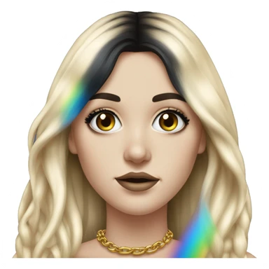 Hyperrealistic white girl with blue eyes and long black hair with rainbow fringe. Wearing gold chain necklace has dark eye makeup on her eyes sticker