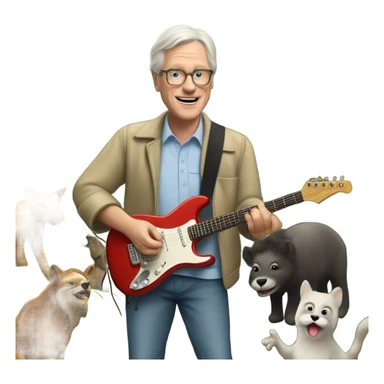 60 year old white man with a van dyke playing electric guitar in a forest with animals watching sticker