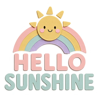 "Hello Sunshine" soft pastel rainbow bold soft letters, kawaii sticker art, transparent PNG, no outline, paper craft style sticker