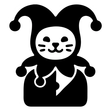 crazy cute little cat jolly joker from poker, medieval, vintage, court jester, mac os icon, purple, gold and red color, head + torso. Squared shape as 3D mac os system icon, symmetrical sticker